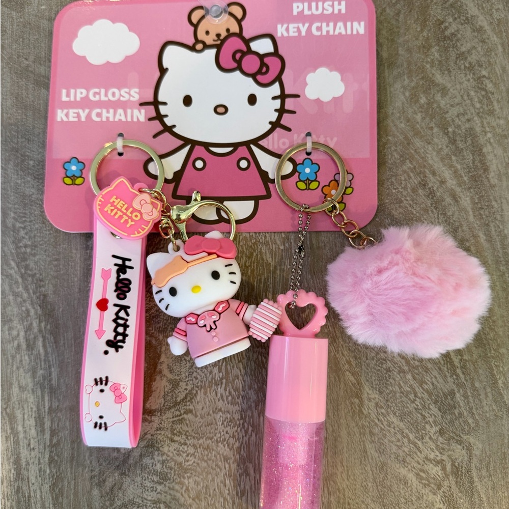 Hello Kitty Pink Keychain Charm Set with Pom Pom and Lip Gloss